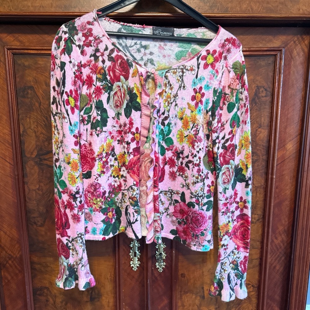 Printed Floral Wool/ Cashmere Cardigan - Pink and Red